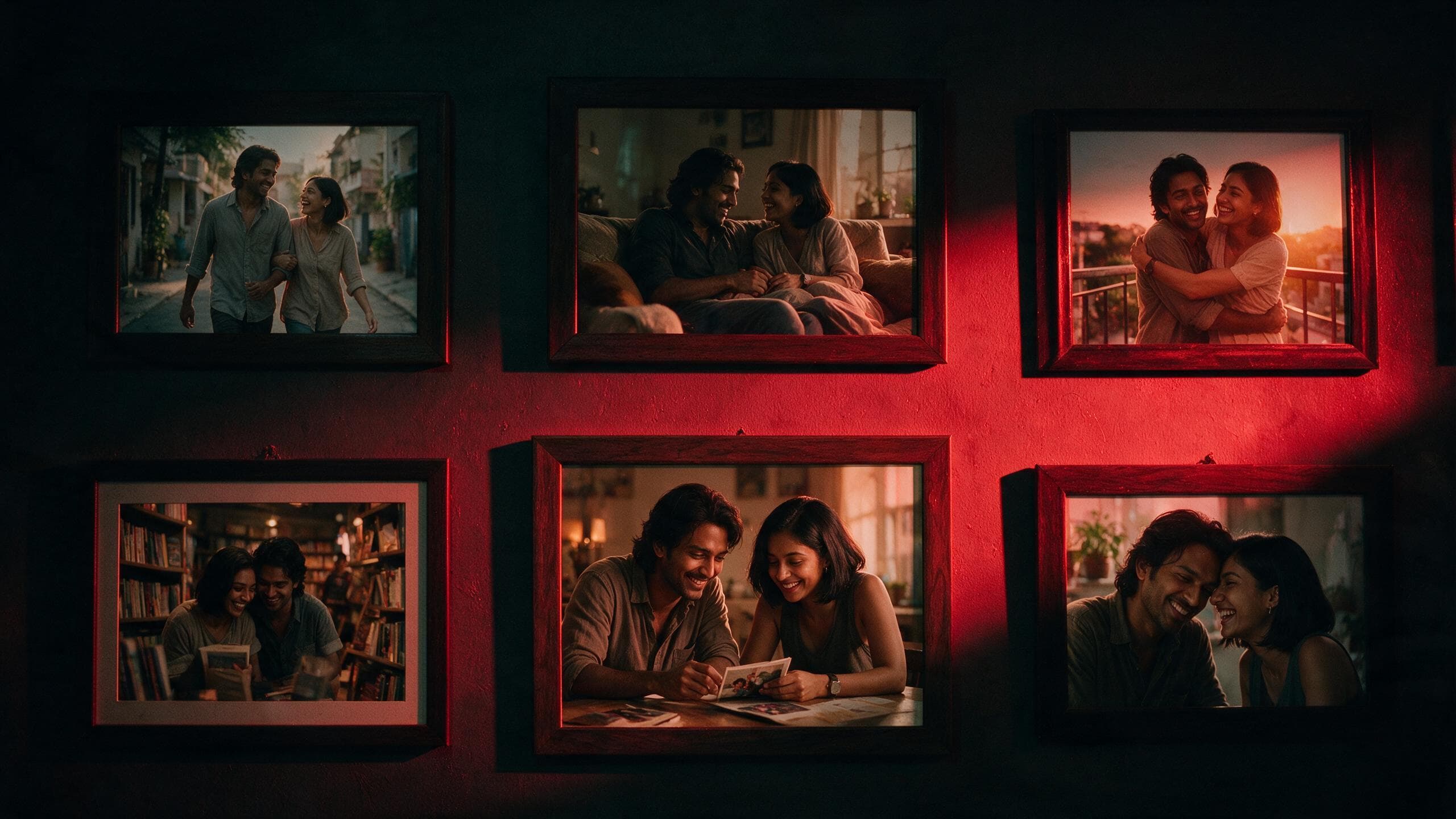 A wall of old framed photographs of a couple, lit in warm red