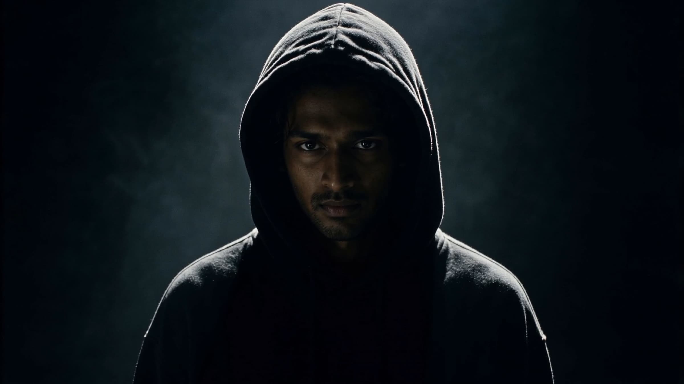 Tamil Synth in a black hood, looking directly at the camera