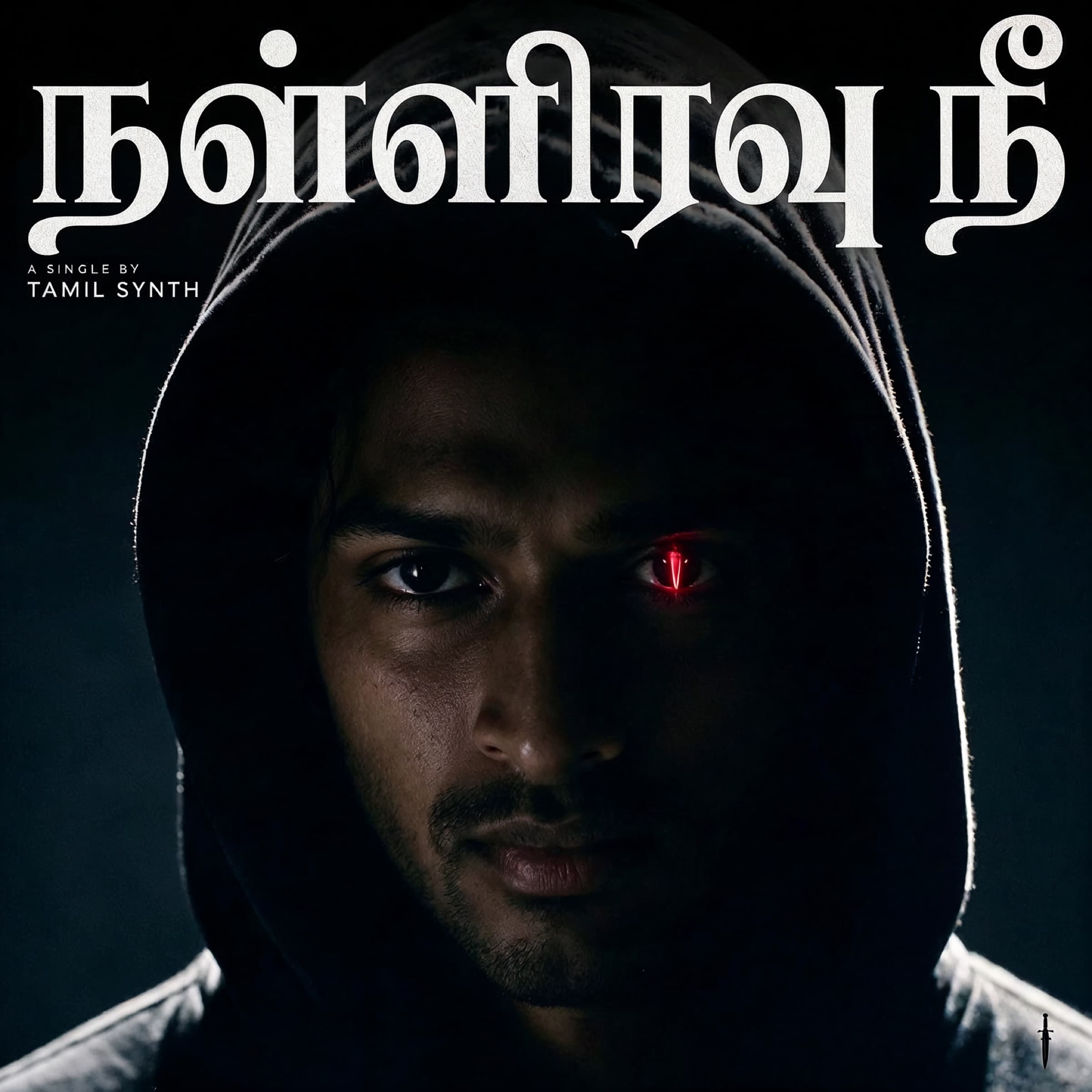 Tamil Synth single artwork featuring a hooded figure and red dagger reflection